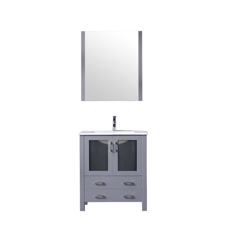 Lexora Volez 30" Dark Grey Single Vanity, Integrated Top, White Integrated Square Sink and 28" Mirror LV341830SBESM28