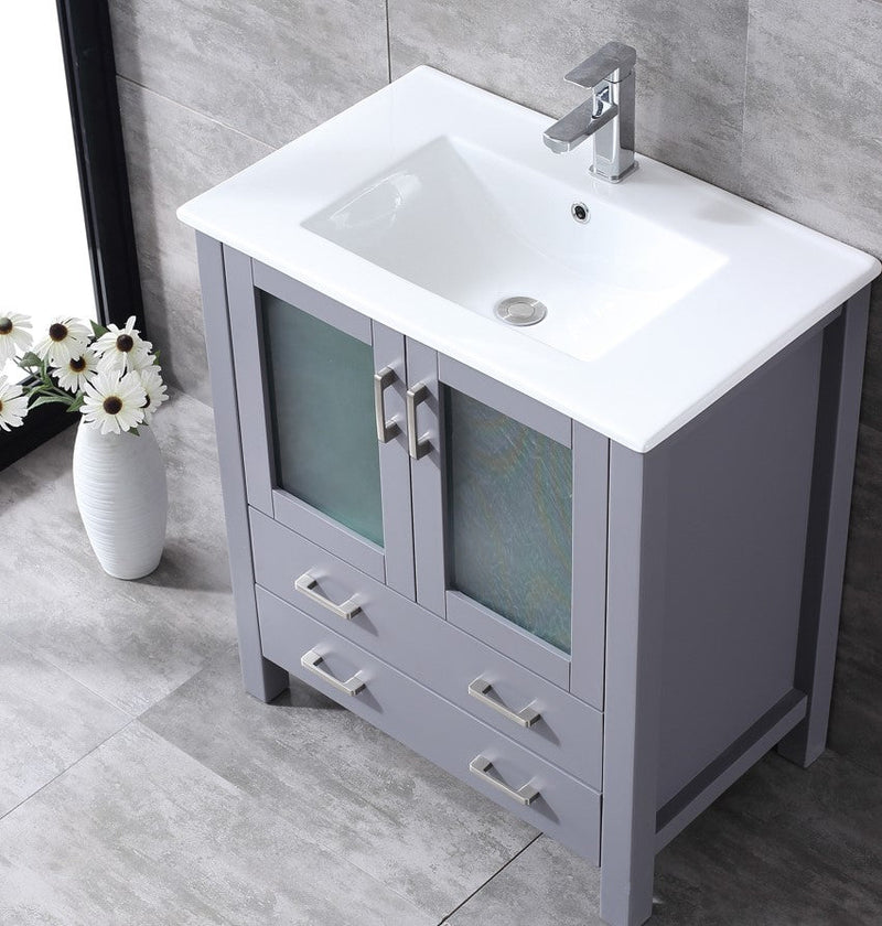 Lexora Volez 30" Dark Grey Single Vanity, Integrated Top, White Integrated Square Sink and 28" Mirror LV341830SBESM28