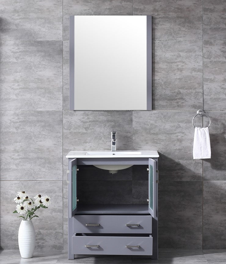 Lexora Volez 30" Dark Grey Single Vanity, Integrated Top, White Integrated Square Sink and 28" Mirror LV341830SBESM28