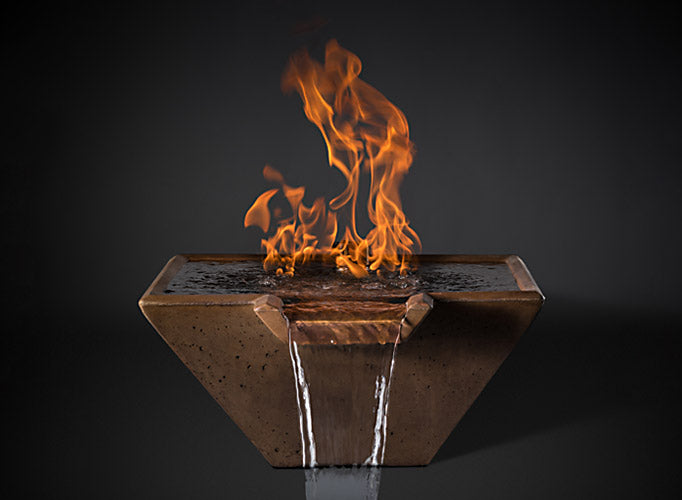 Slick Rock Concrete 22” Cascade Square Fire On Glass + Copper Spillway with Match Ignition
