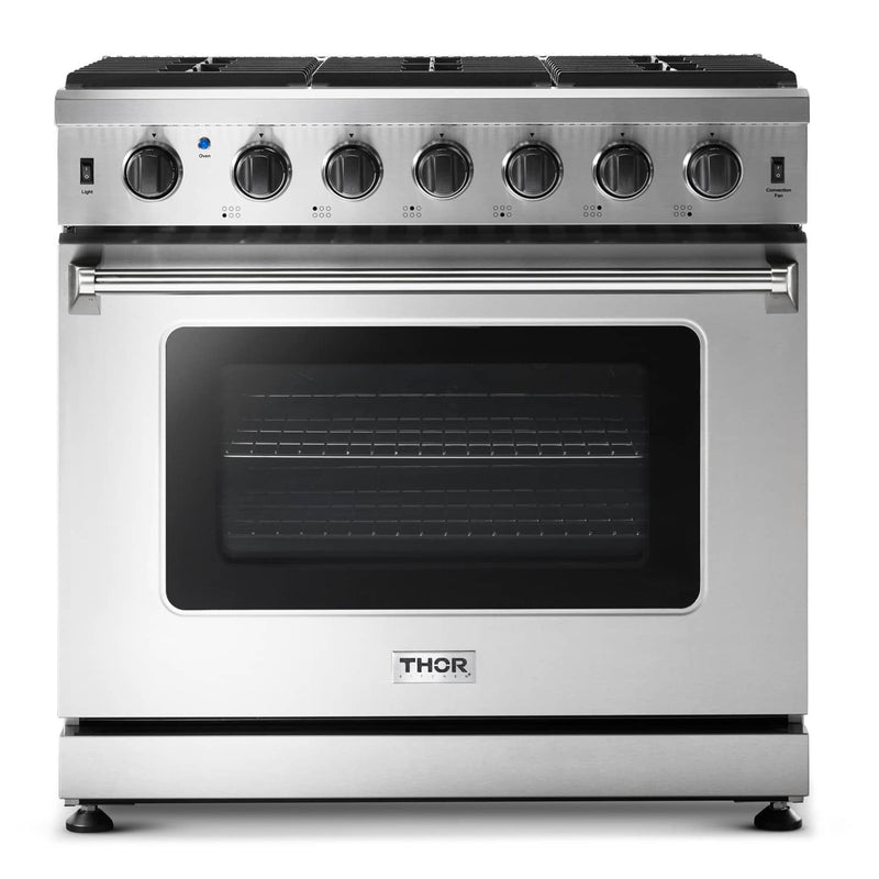 Thor Kitchen 2-Piece Appliance Package - 36-Inch Gas Range & Pro-Style Wall Mount Hood in Stainless Steel