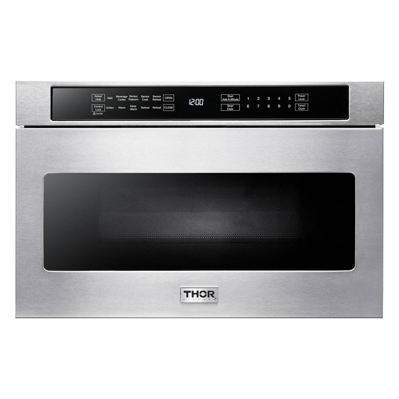 Thor Kitchen 6-Piece Appliance Package - 36-Inch Gas Range, Pro-Style Wall Mount Range Hood, Refrigerator, Dishwasher, Microwave, and Wine Cooler in Stainless Steel