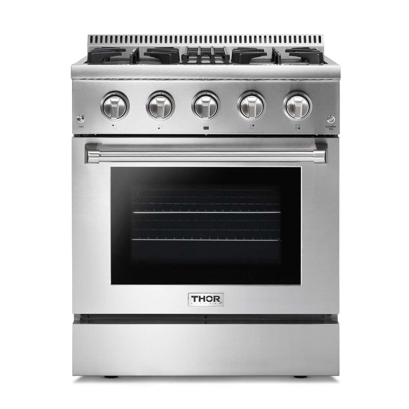 Thor Kitchen 2-Piece Appliance Package - 30-Inch Dual Fuel Range and Over-the-Range Microwave & Vent Hood in Stainless Steel