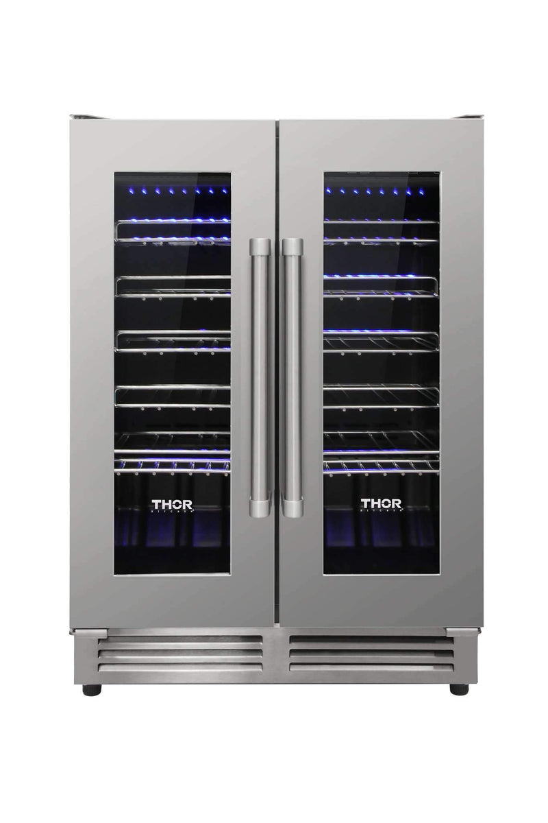 Thor Kitchen 6-Piece Appliance Package - 48-Inch Gas Range, French Door Refrigerator, Under Cabinet 16.5-Inch Tall Hood, Dishwasher, Microwave Drawer, and Wine Cooler in Stainless Steel