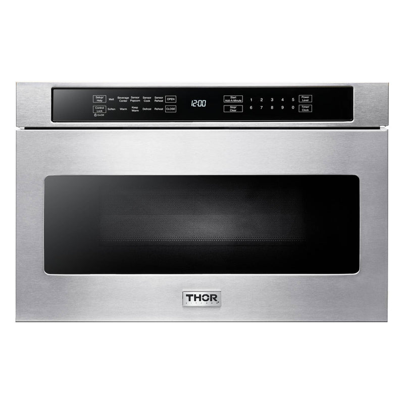 Thor Kitchen 6-Piece Appliance Package - 48-Inch Gas Range, Refrigerator with Water Dispenser, Under Cabinet 16.5-Inch Tall Hood, Dishwasher, Microwave Drawer, & Wine Cooler in Stainless Steel