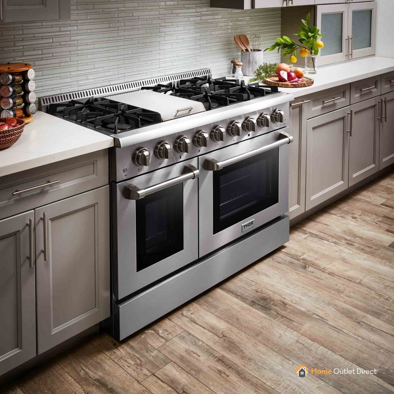 Thor Kitchen 6-Piece Pro Appliance Package - 48-Inch Gas Range, French Door Refrigerator, Dishwasher, Under Cabinet 16.5-Inch Hood, Microwave Drawer, & Wine Cooler in Stainless Steel