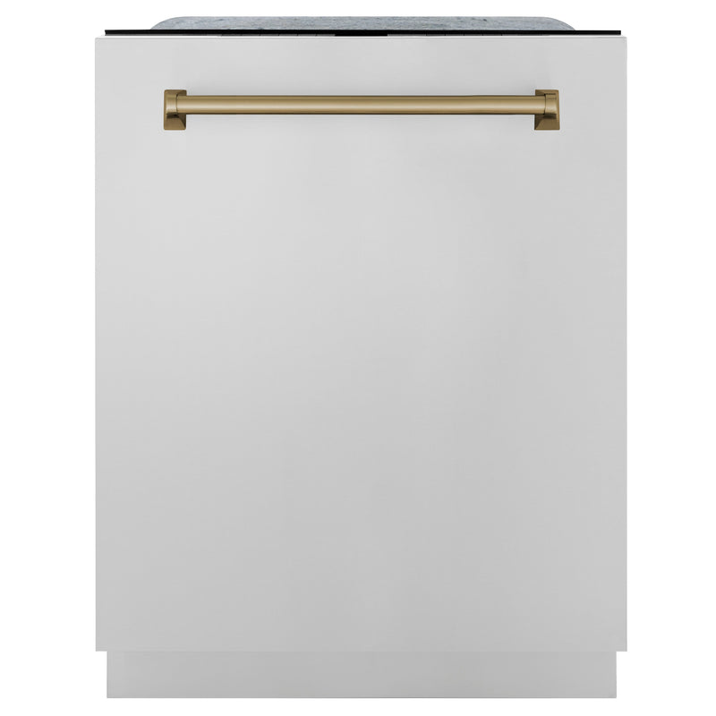 ZLINE 48 in. Autograph Edition Kitchen Package with Stainless Steel Dual Fuel Range, Range Hood, Dishwasher and Refrigeration with Champagne Bronze Accents (4KAPR-RARHDWM48-CB)