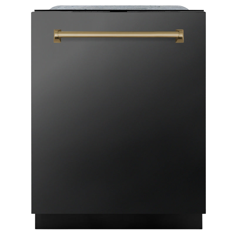 ZLINE Autograph Edition 24 in. 3rd Rack Top Touch Control Tall Tub Dishwasher in Black Stainless Steel with Champagne Bronze Handle, 45dBa (DWMTZ-BS-24-CB)