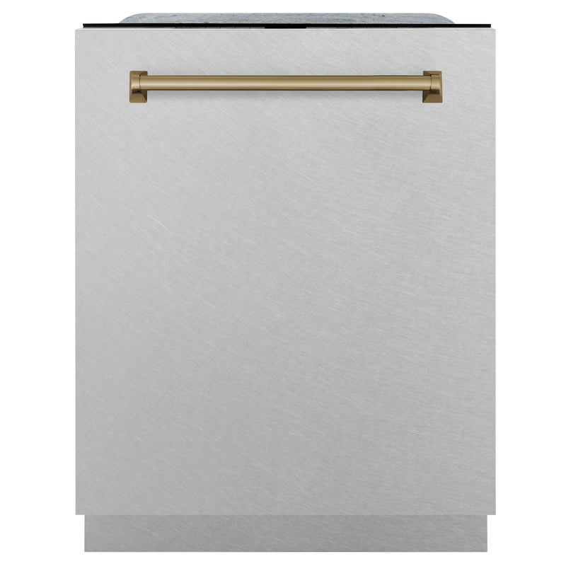 ZLINE Autograph Edition 24" 3rd Rack Top Control Tall Tub Dishwasher in Fingerprint Resistant Stainless Steel with Champagne Bronze Accents, 45dBa (DWMTZ-SN-24-CB)