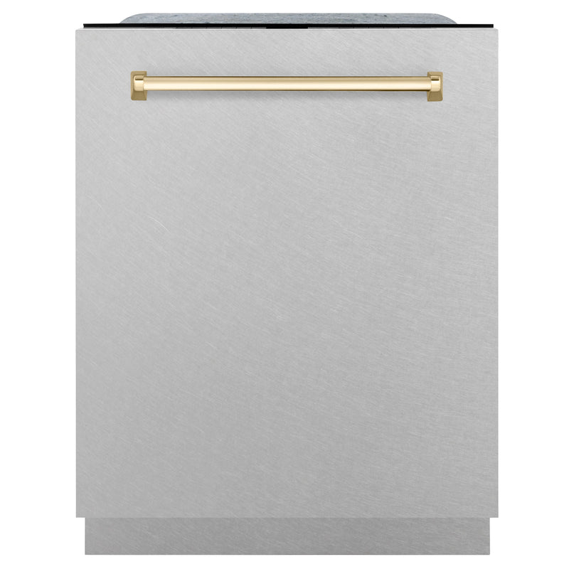 ZLINE Autograph Edition 24" 3rd Rack Top Control Tall Tub Dishwasher in Fingerprint Resistant Stainless Steel with Polished Gold Accents, 45dBa (DWMTZ-SN-24-G)