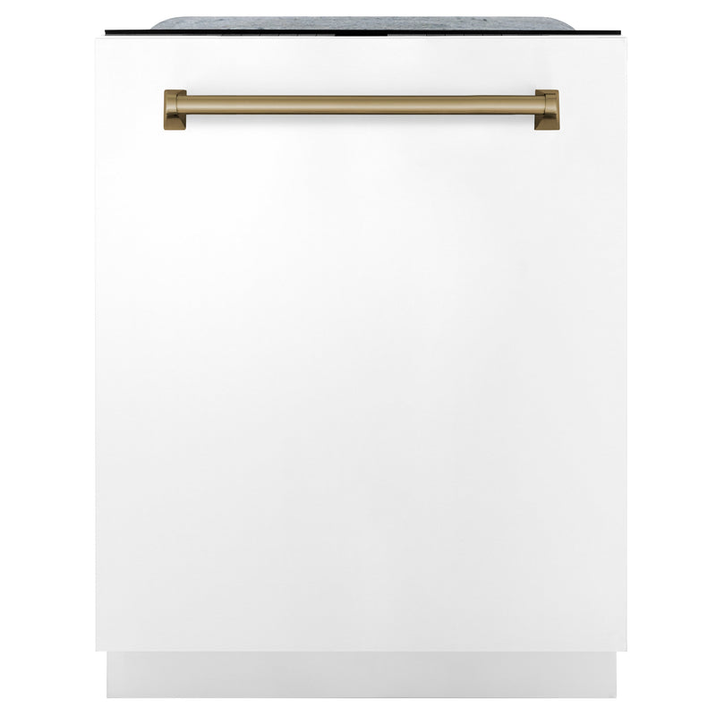 ZLINE Autograph Edition 24 in. 3rd Rack Top Touch Control Tall Tub Dishwasher in White Matte with Champagne Bronze Accent Handle, 45dBa (DWMTZ-WM-24-CB)