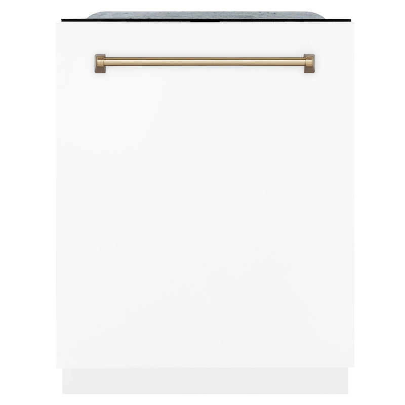 ZLINE 36 in. Autograph Edition Kitchen Package with Stainless Steel Dual Fuel Range with White Matte Door, Range Hood and Dishwasher with Champagne Bronze Accents (3AKP-RAWMRHDWM36-CB)