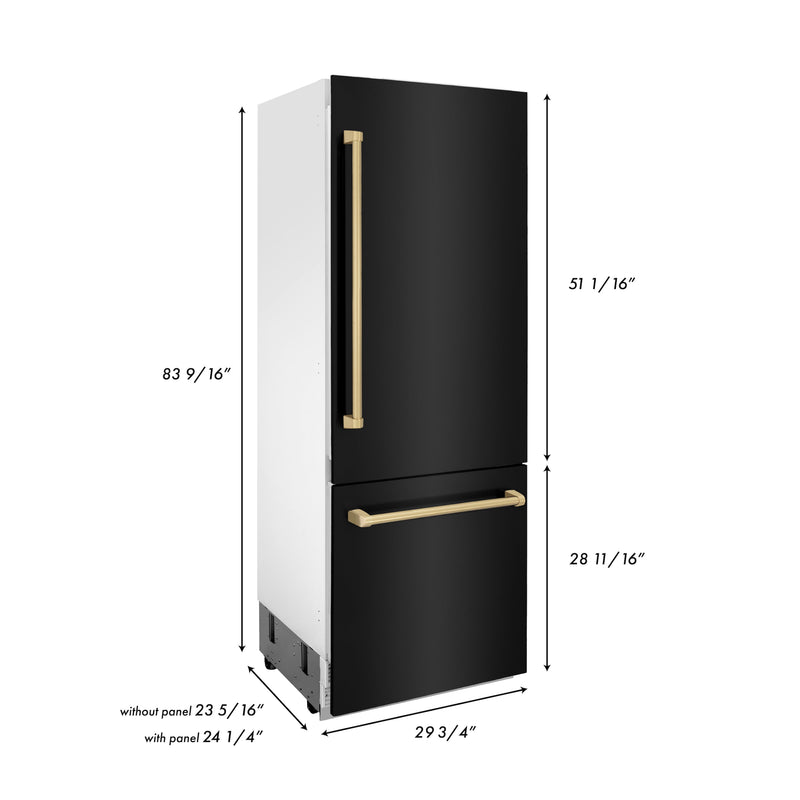 ZLINE 30 in. Autograph Edition 16.1 cu. ft. Built-in 2-Door Bottom Freezer Refrigerator with Internal Water and Ice Dispenser in Black Stainless Steel with Champagne Bronze Accents (RBIVZ-BS-30-CB)