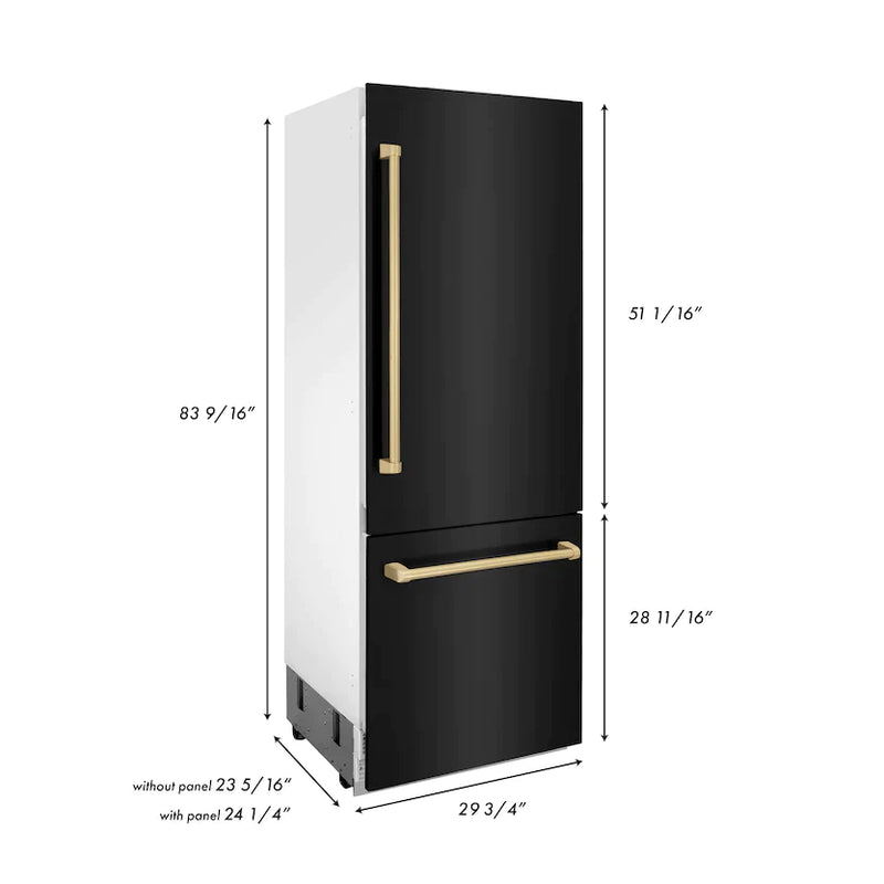 ZLINE 30" Autograph Edition 16.1 cu. ft. Built-in 2-Door Bottom Freezer Refrigerator with Internal Water and Ice Dispenser in Black Stainless Steel with Champagne Bronze Accents (RBIVZ-BS-30-CB)