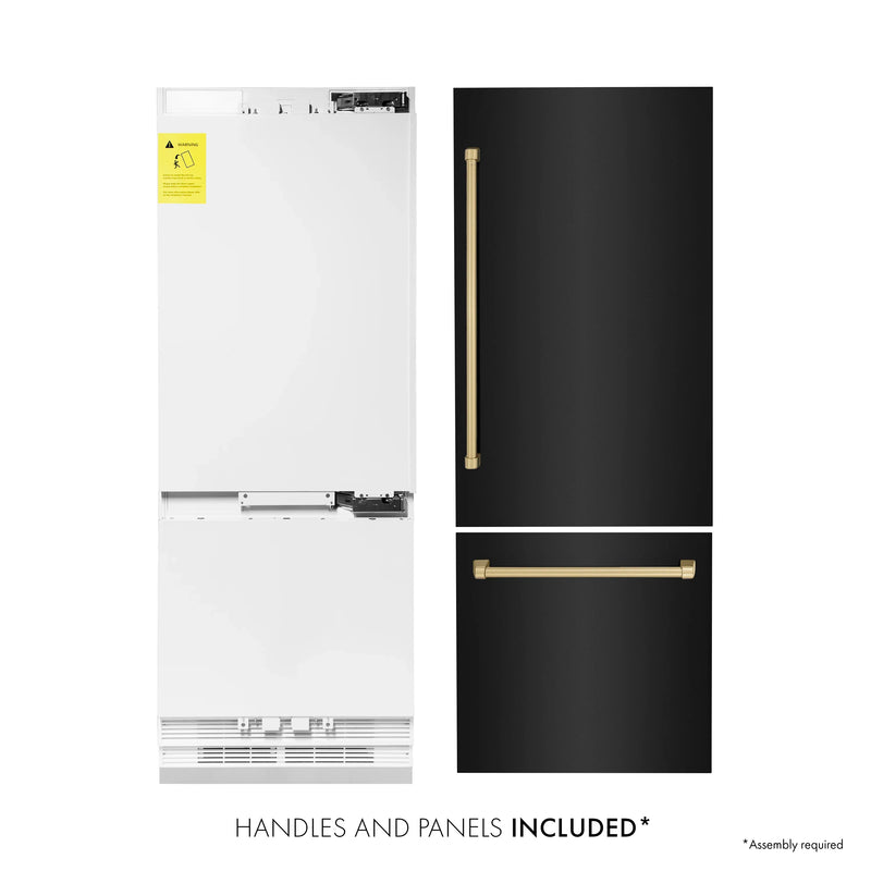 ZLINE 30" Autograph Edition 16.1 cu. ft. Built-in 2-Door Bottom Freezer Refrigerator with Internal Water and Ice Dispenser in Black Stainless Steel with Champagne Bronze Accents (RBIVZ-BS-30-CB)