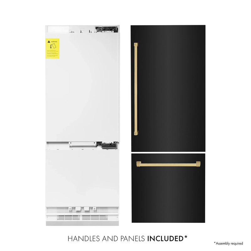 ZLINE 30" Autograph Edition 16.1 cu. ft. Built-in 2-Door Bottom Freezer Refrigerator with Internal Water and Ice Dispenser in Black Stainless Steel with Gold Accents (RBIVZ-BS-30-G)