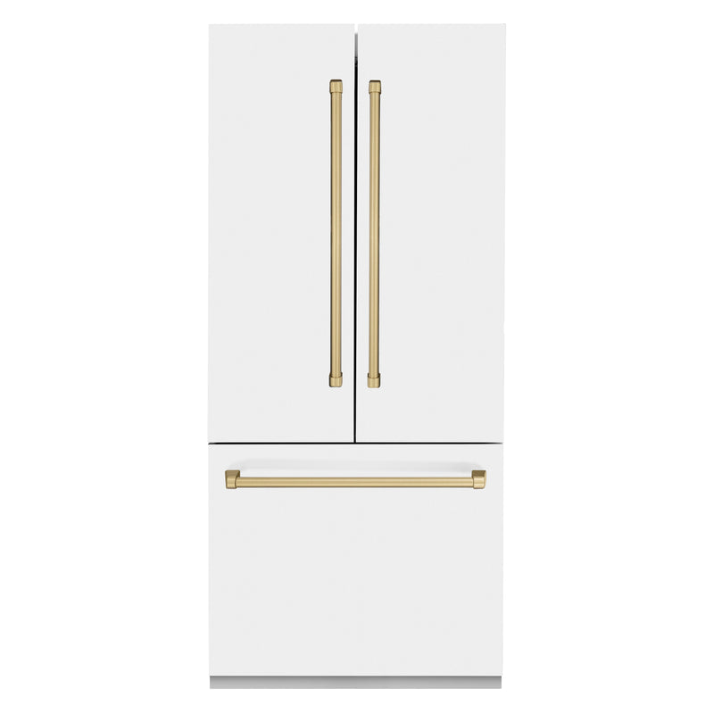 ZLINE 36 in. Autograph Edition 19.6 cu. ft. Built-in 2-Door Bottom Freezer Refrigerator with Internal Water and Ice Dispenser in White Matte with Champagne Bronze Accents (RBIVZ-WM-36-CB)