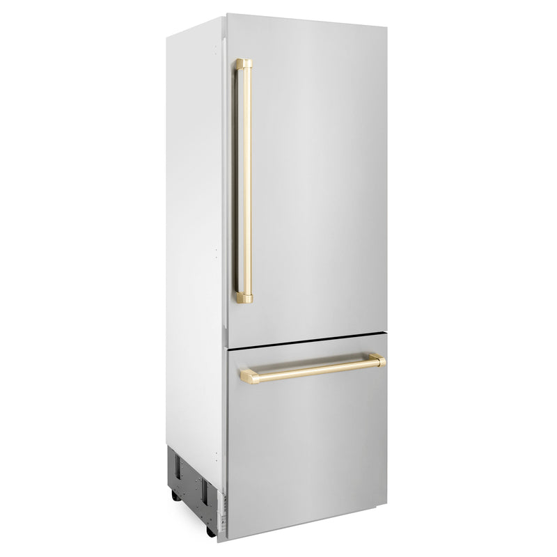 ZLINE 30” Autograph Edition 16.1 cu. ft. Built-in 2-Door Bottom Freezer Refrigerator with Internal Water and Ice Dispenser in Stainless Steel with Polished Gold Accents (RBIVZ-304-30-G)
