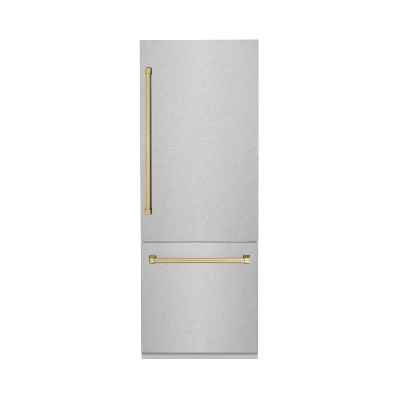 ZLINE 30 in. Autograph Edition 16.1 cu. ft. Built-in 2-Door Bottom Freezer Refrigerator with Internal Water and Ice Dispenser in Fingerprint Resistant Stainless Steel with Champagne Bronze Accents (RBIVZ-SN-30-CB)