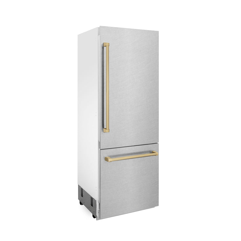 ZLINE 30 in. Autograph Edition 16.1 cu. ft. Built-in 2-Door Bottom Freezer Refrigerator with Internal Water and Ice Dispenser in Fingerprint Resistant Stainless Steel with Champagne Bronze Accents (RBIVZ-SN-30-CB)