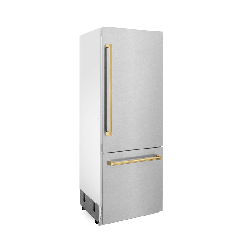 ZLINE 30 in. Autograph Edition 16.1 cu. ft. Built-in 2-Door Bottom Freezer Refrigerator with Internal Water and Ice Dispenser in Fingerprint Resistant Stainless Steel with Polished Gold Accents (RBIVZ-SN-30-G)
