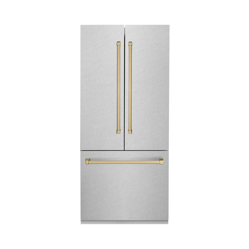 ZLINE 36 in. Autograph Edition 19.6 cu. ft. Built-in 2-Door Bottom Freezer Refrigerator with Internal Water and Ice Dispenser in Fingerprint Resistant Stainless Steel with Champagne Bronze Accents (RBIVZ-SN-36-CB)