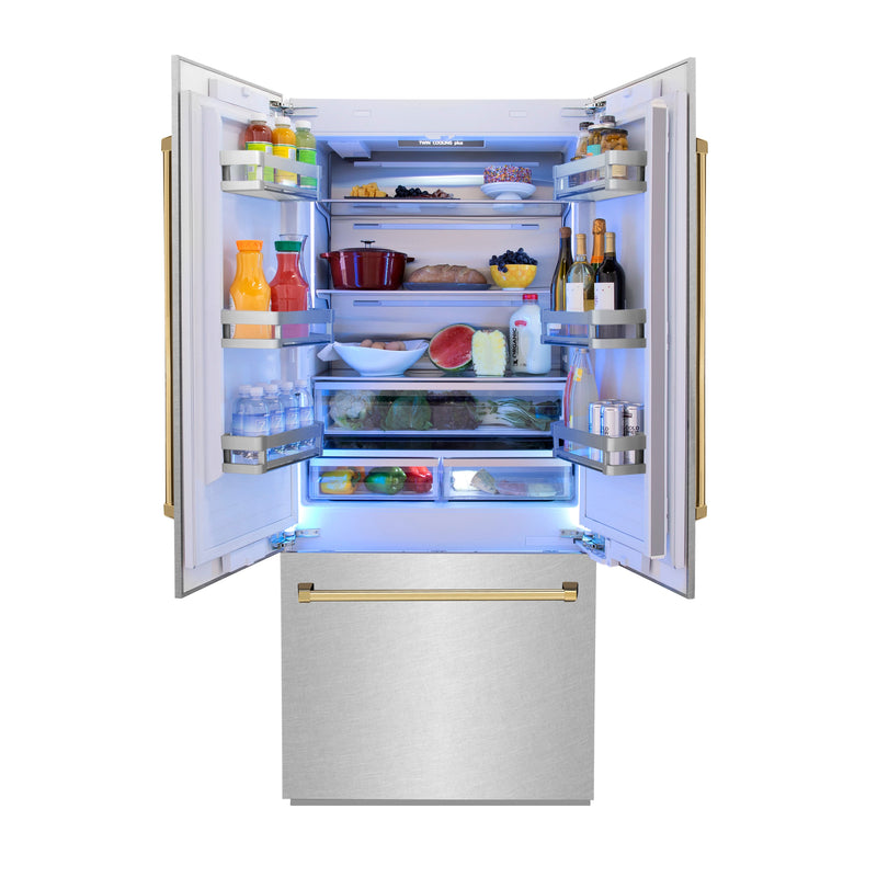 ZLINE 36 in. Autograph Edition 19.6 cu. ft. Built-in 2-Door Bottom Freezer Refrigerator with Internal Water and Ice Dispenser in Fingerprint Resistant Stainless Steel with Polished Gold Accents (RBIVZ-SN-36-G)