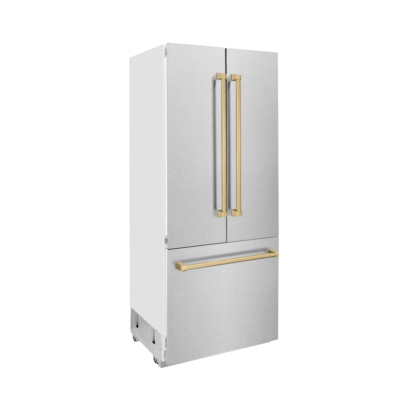 ZLINE 36 in. Autograph Edition 19.6 cu. ft. Built-in 2-Door Bottom Freezer Refrigerator with Internal Water and Ice Dispenser in Fingerprint Resistant Stainless Steel with Champagne Bronze Accents (RBIVZ-SN-36-CB)