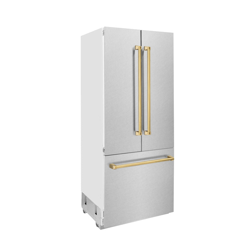 ZLINE 36 in. Autograph Edition 19.6 cu. ft. Built-in 2-Door Bottom Freezer Refrigerator with Internal Water and Ice Dispenser in Fingerprint Resistant Stainless Steel with Polished Gold Accents (RBIVZ-SN-36-G)