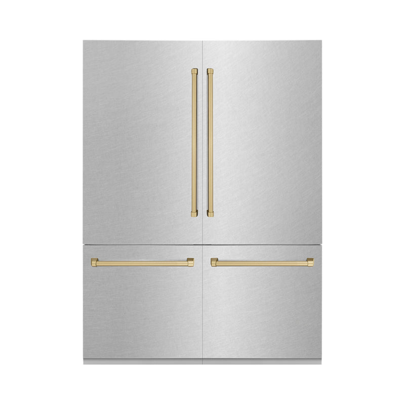 ZLINE 60 in. Autograph Edition 32.2 cu. ft. Built-in 4-Door French Door Refrigerator with Internal Water and Ice Dispenser in Fingerprint Resistant Stainless Steel with Champagne Bronze Accents (RBIVZ-SN-60-CB)