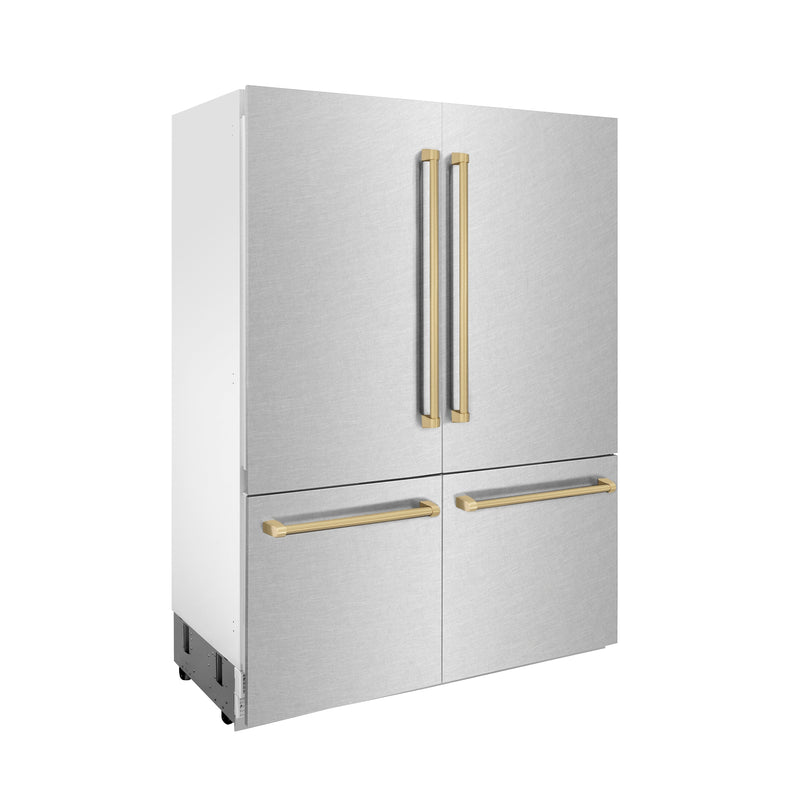 ZLINE 60 in. Autograph Edition 32.2 cu. ft. Built-in 4-Door French Door Refrigerator with Internal Water and Ice Dispenser in Fingerprint Resistant Stainless Steel with Champagne Bronze Accents (RBIVZ-SN-60-CB)