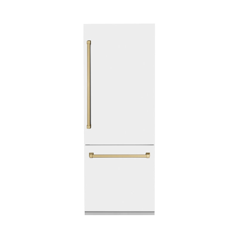 ZLINE 30 in. Autograph Edition 16.1 cu. ft. Built-in 2-Door Bottom Freezer Refrigerator with Internal Water and Ice Dispenser in White Matte with Champagne Bronze Accents (RBIVZ-WM-30-CB)