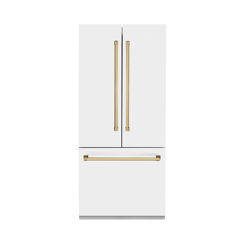 ZLINE 36 in. Autograph Edition 19.6 cu. ft. Built-in 2-Door Bottom Freezer Refrigerator with Internal Water and Ice Dispenser in White Matte with Polished Gold Accents (RBIVZ-WM-36-G)