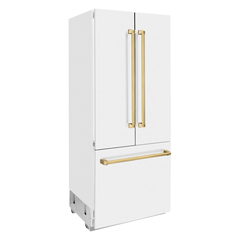 ZLINE 36 in. Autograph Edition 19.6 cu. ft. Built-in 2-Door Bottom Freezer Refrigerator with Internal Water and Ice Dispenser in White Matte with Polished Gold Accents (RBIVZ-WM-36-G)