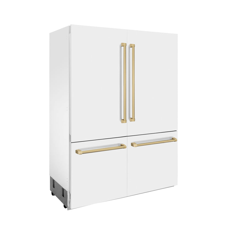ZLINE 60 in. Autograph Edition 32.2 cu. ft. Built-in 4-Door French Door Refrigerator with Internal Water and Ice Dispenser in White Matte with Champagne Bronze Accents (RBIVZ-WM-60-CB)