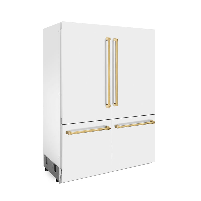 ZLINE 60 in. Autograph Edition 32.2 cu. ft. Built-in 4-Door French Door Refrigerator with Internal Water and Ice Dispenser in White Matte with Polished Gold Accents (RBIVZ-WM-60-G)