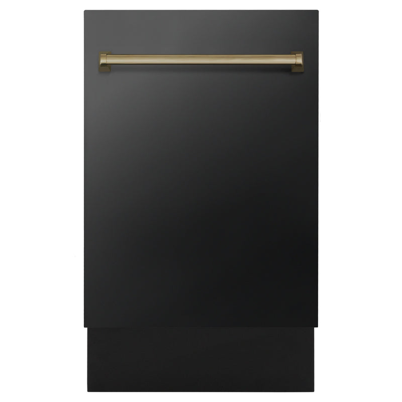 ZLINE Autograph Edition 18” Compact 3rd Rack Top Control Dishwasher in Black Stainless Steel with Champagne Bronze Accent Handle, 51dBa (DWVZ-BS-18-CB)