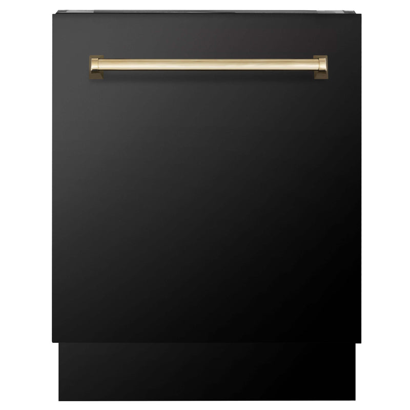 ZLINE 30 in. Autograph Edition Kitchen Package with Black Stainless Steel Dual Fuel Range, Range Hood, Dishwasher and Refrigeration Including External Water Dispenser with Polished Gold Accents (4AKPR-RABRHDWV30-G)