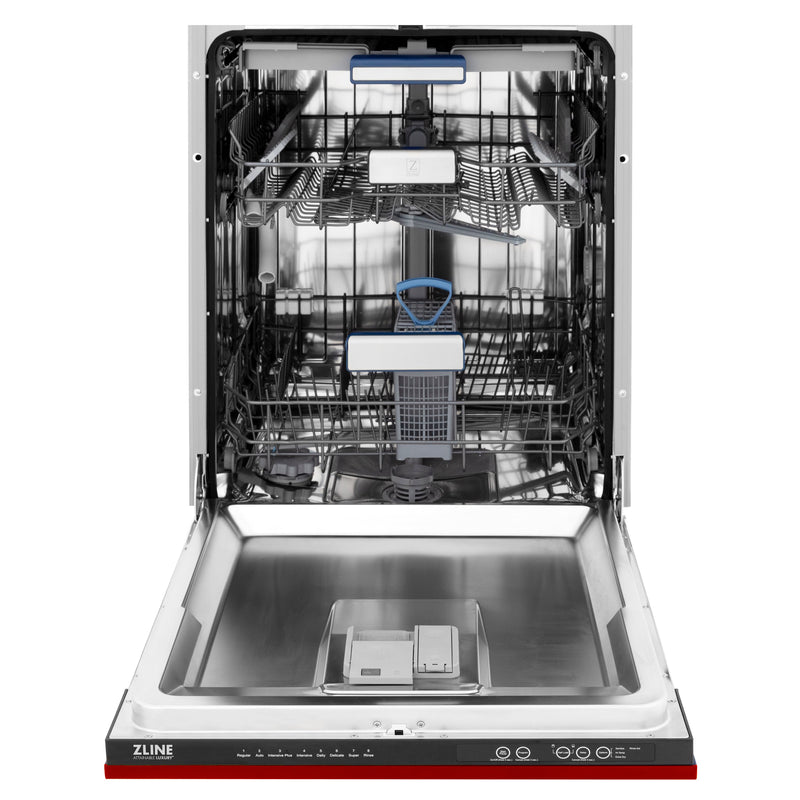 ZLINE 24" Tallac Series 3rd Rack Dishwasher with Red Gloss Panel and Traditional Handle, Color Panel Options, 51dBa (DWV-RG-24)