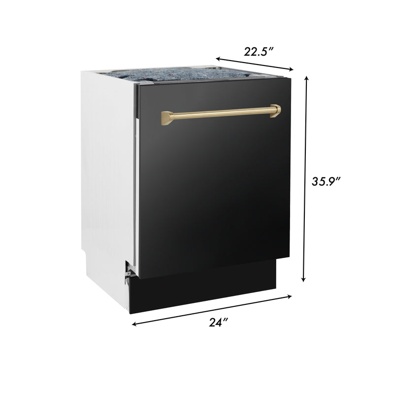 ZLINE 48 in. Autograph Edition Kitchen Package with Black Stainless Steel Dual Fuel Range, Range Hood and Dishwasher with Polished Gold Accents (3AKP-RABRHDWV48-G)