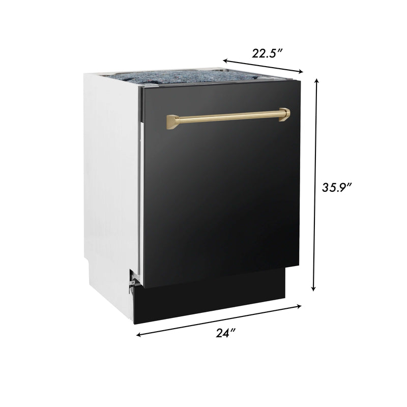 ZLINE 30 in. Autograph Edition Kitchen Package with Black Stainless Steel Dual Fuel Range, Range Hood, Dishwasher and Refrigeration Including External Water Dispenser with Champagne Bronze Accents (4AKPR-RABRHDWV30-CB)