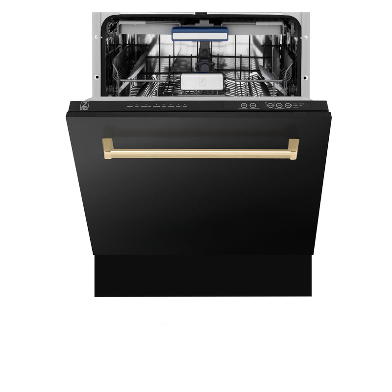 ZLINE 48 in. Autograph Edition Kitchen Package with Black Stainless Steel Dual Fuel Range, Range Hood and Dishwasher with Champagne Bronze Accents (3AKP-RABRHDWV48-CB)