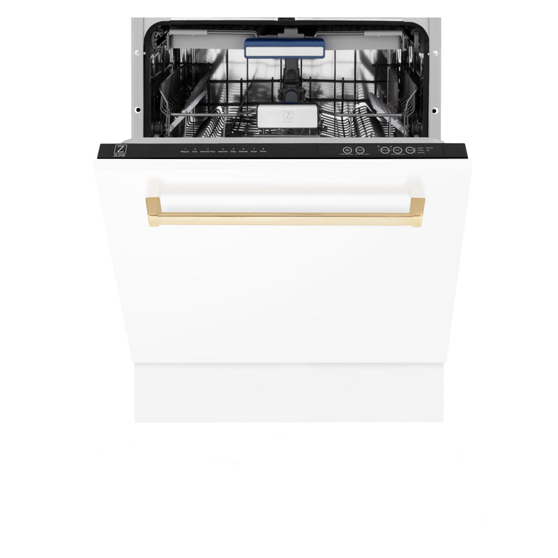 ZLINE Autograph Edition 24 in. 3rd Rack Top Control Tall Tub Dishwasher in White Matte with Polished Gold Accent Handle, 51dBa (DWVZ-WM-24-G)