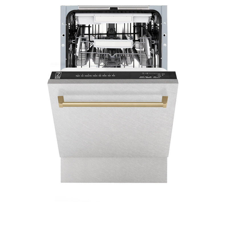 ZLINE Autograph Edition 18” Compact 3rd Rack Top Control Dishwasher in Fingerprint Resistant Stainless Steel with Champagne Bronze Accent Handle, 51dBa (DWVZ-SN-18-CB)