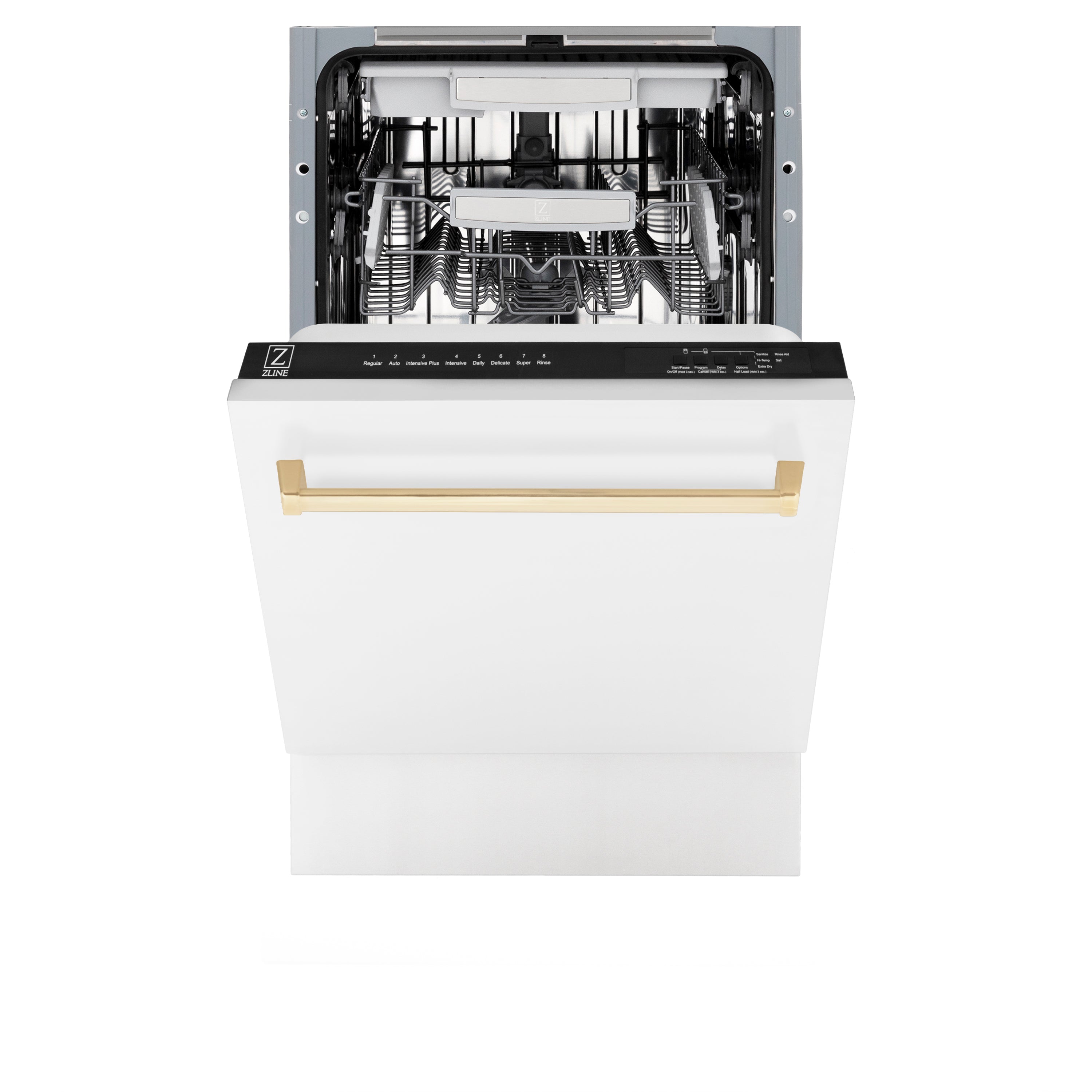 ZLINE Autograph Edition 18” Compact 3rd Rack Top Control Dishwasher in White Matte with Polished Gold Accent Handle, 51dBa (DWVZ-WM-18-G)