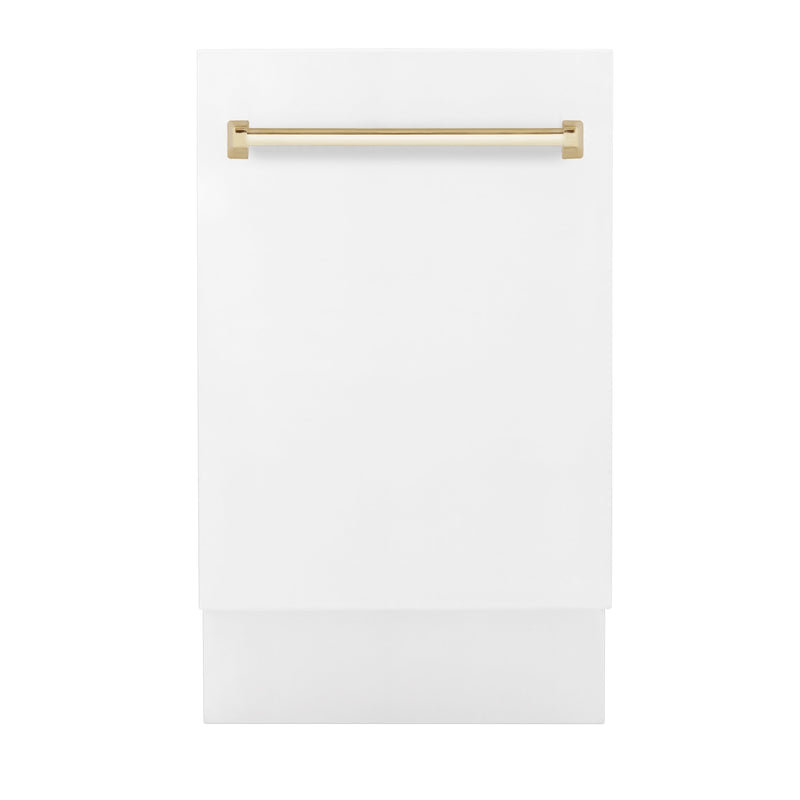 ZLINE Autograph Edition 18” Compact 3rd Rack Top Control Dishwasher in White Matte with Polished Gold Accent Handle, 51dBa (DWVZ-WM-18-G)