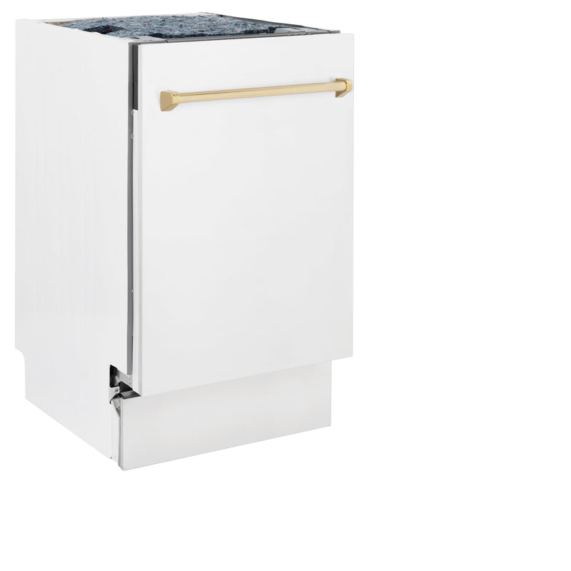 ZLINE Autograph Edition 18” Compact 3rd Rack Top Control Dishwasher in White Matte with Polished Gold Accent Handle, 51dBa (DWVZ-WM-18-G)