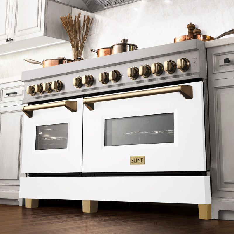 ZLINE Autograph Edition 60 in. 7.4 cu. ft. Dual Fuel Range with Gas Stove and Electric Oven in Stainless Steel with White Matte Door and Polished Gold Accents (RAZ-WM-60-G)