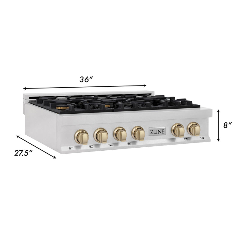 ZLINE Autograph Edition 36 in. Porcelain Rangetop with 6 Gas Burners in DuraSnow Stainless Steel with Polished Gold Accents (RTSZ-36-G)