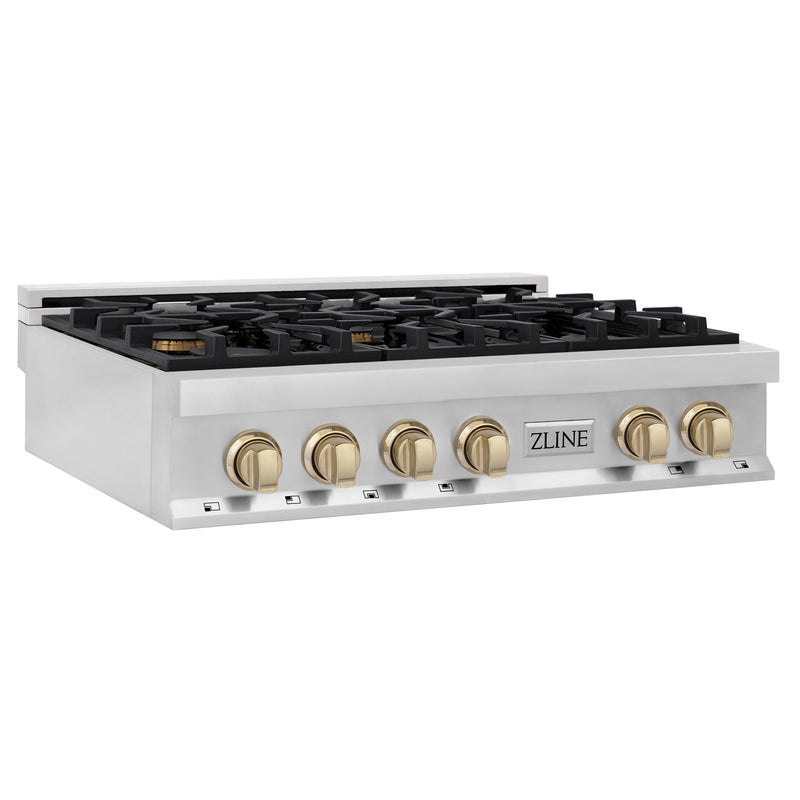 ZLINE Autograph Edition 36 in. Porcelain Rangetop with 6 Gas Burners in Stainless Steel with Polished Gold Accents (RTZ-36-G)